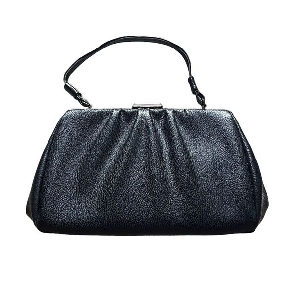 Vintage Framed Black Leather Snap Lock Closure 50s‎ 60s Handbag Satchel Day Bag - Picture 1 of 13